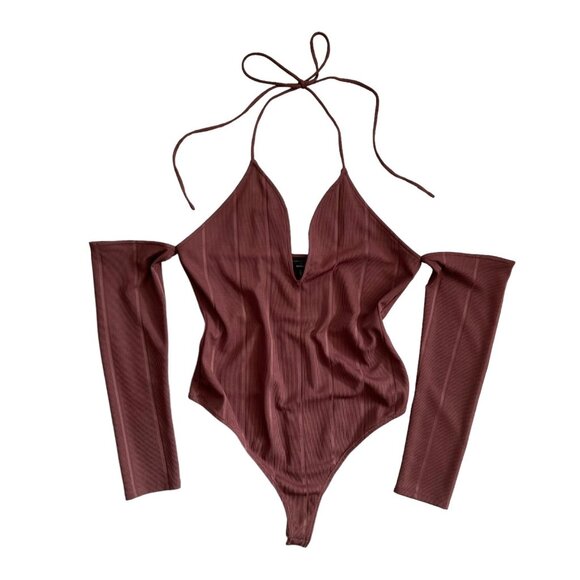 Michael Costello x Revolve Hattie Cold Shoulder Ribbed Bodysuit Mauve XL NWT - Picture 2 of 16